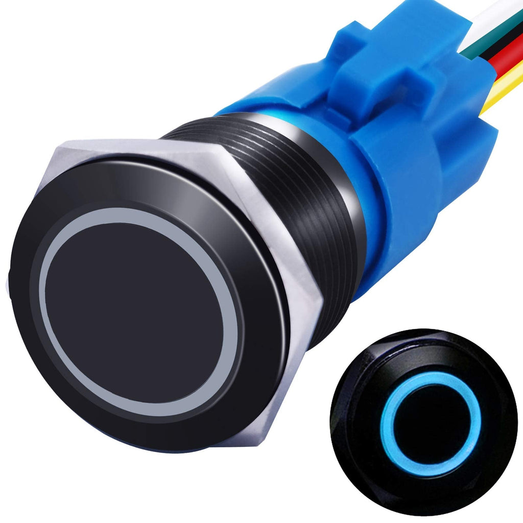 [Australia - AusPower] - mxuteuk 16mm Latching Push Button Switch 1 NO 1 NC SPDT ON/Off Switch Black Metal Shell with 12v Blue LED Ring with Wire Socket Plug Suitable for 5/8“ Mounting Hole L-16-O-B-BU 