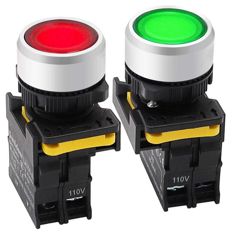 [Australia - AusPower] - mxuteuk 2Pcs Red Green LED Light Voltage 110V-220V 22mm 1NO 1NC Waterproof IP65 SPST Momentary Push Button Switch 10A 600V LA155-A1-11D-RG Red 1NC+Green 1NO 