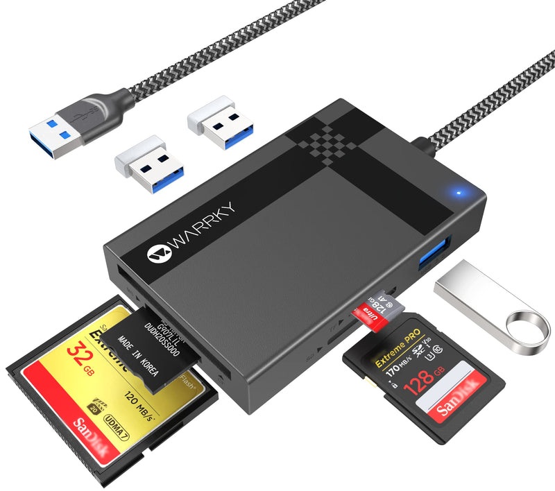 [Australia - AusPower] - SD Card Reader 7 IN 1 USB 3.0, WARRKY 2.5FT [Highspeed, Simultaneous Read and Write] Multi-Port Adapter Hub of 3 USB, 4 Memory Cards for CF, MS, SDXC, SDHC, MMC, Micro SDXC, microSD, Micro SDHC, UHS-I 