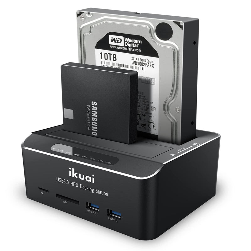 [Australia - AusPower] - ikuai SATA to USB 3.0 Dual Bay Hard Drive Dock for 2.5" and 3.5" SATA HDD SSD with SD TF Card Reader 2 USB 3.0 Ports and Offline Clone Function External Hard Drive Docking Station (UASP Supported) 