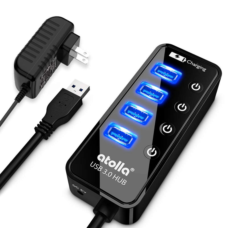 [Australia - AusPower] - Powered USB Hub, atolla 4-Port USB 3.0 Hub with 4 USB 3.0 Data Ports and 1 USB Smart Charging Port, USB Splitter with Individual On/Off Switches and 5V/3A Power Adapter 