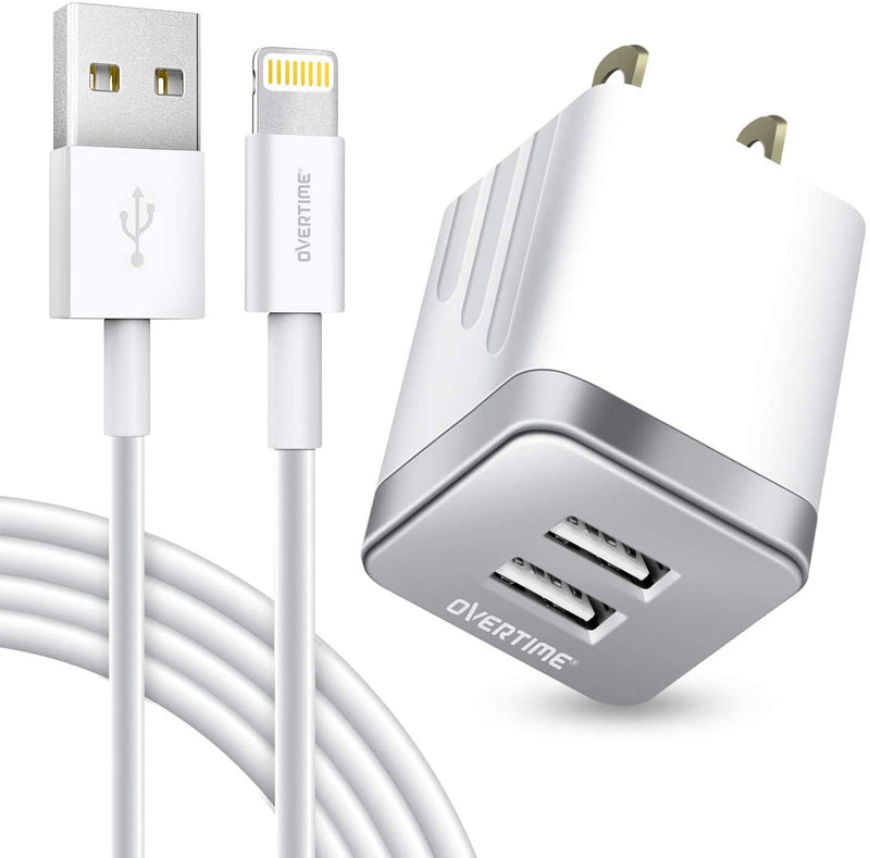 [Australia - AusPower] - iPhone Charger Set, Overtime Apple MFi Certified Lightning Cable with Dual USB Wall Adapter 2.4 AMP Compatible w/iPhone 11 Pro Max XS XR X 8 7 6S 6 Plus SE AirPods iPad (Silver/White, 10ft) Silver/White 