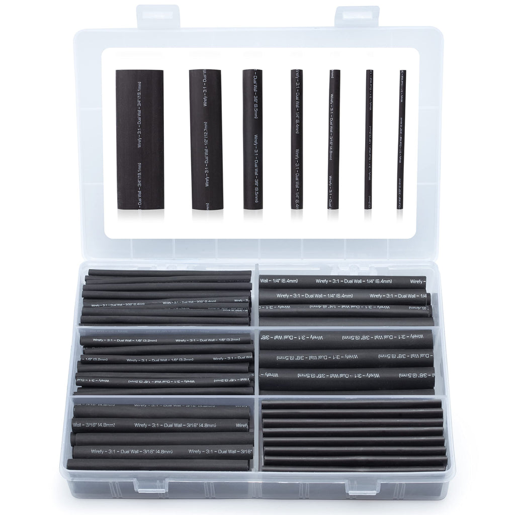 [Australia - AusPower] - Wirefy Heat Shrink Tubing Kit - 3:1 Ratio Adhesive Lined, Marine Grade Shrink Wrap - Industrial Heat-Shrink Tubing - Black 180 PCS 