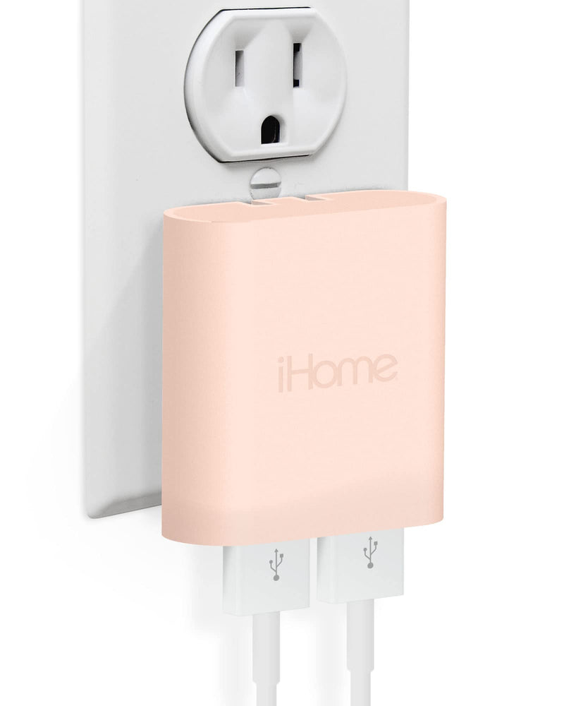 [Australia - AusPower] - iHome AC Pro 3.4 Amp 2-Port USB Wall Charger, Flat Foldable Plug for iPhone 12/12 Pro/12 Pro Max/ 11/11 Pro/11 Pro Max/Xs,/Xs Max/XR/X/8/Airpods, iPad, Samsung Galaxy Android & More, Pastel Pink 2 Port Rapid Charge 