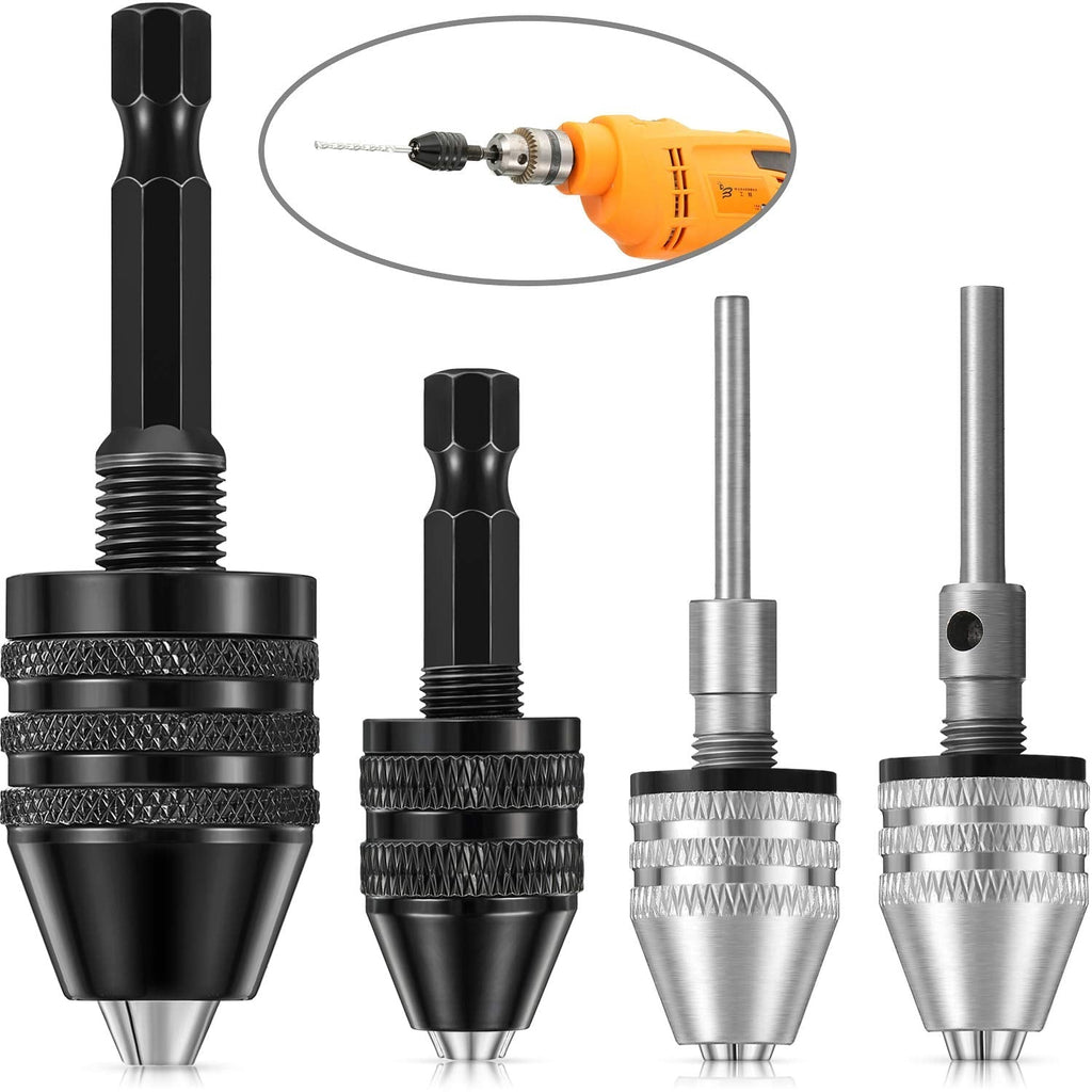 [Australia - AusPower] - 4 Pieces Keyless Drill Chuck, 1/4, 1/8, 1/16 Inch Hex and Round Shanks Small Drill Chuck Change Adapter 