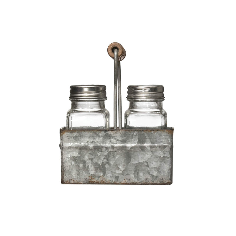 [Australia - AusPower] - Creative Co-Op Glass Salt & Pepper in Metal Wood Handle (Set of 3 Pieces) Caddy, Clear 