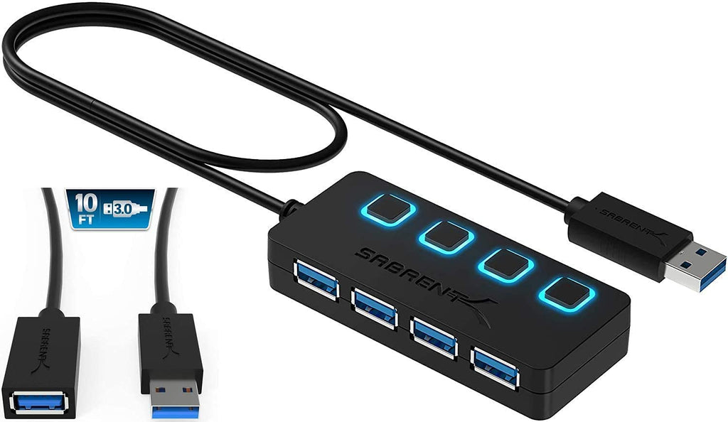 [Australia - AusPower] - Sabrent 4-Port USB 3.0 Hub + 10 Ft 22AWG USB 3.0 Extension Cable - A-Male to A-Female in Black 