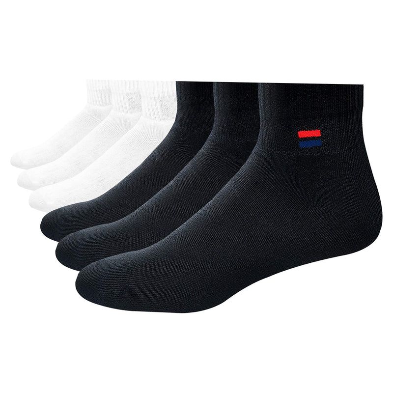 [Australia - AusPower] - NAVYSPORT Men's Solid Cushion Comfort Athletic Quarter Socks for Running, Training, Casual Wear Pack of 6 7-12 White (3 Pairs), Black (3 Pairs) 