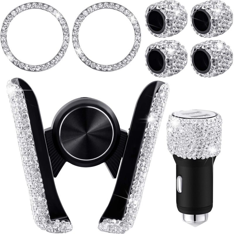 [Australia - AusPower] - 8 Pieces Bling Car Accessories, Bling Car Phone Holder, Crystal Car Dual Port USB, 4 Pieces Car Tire Valve Caps, 2 Pieces Ring Emblem Sticker for Women Girls (White) 