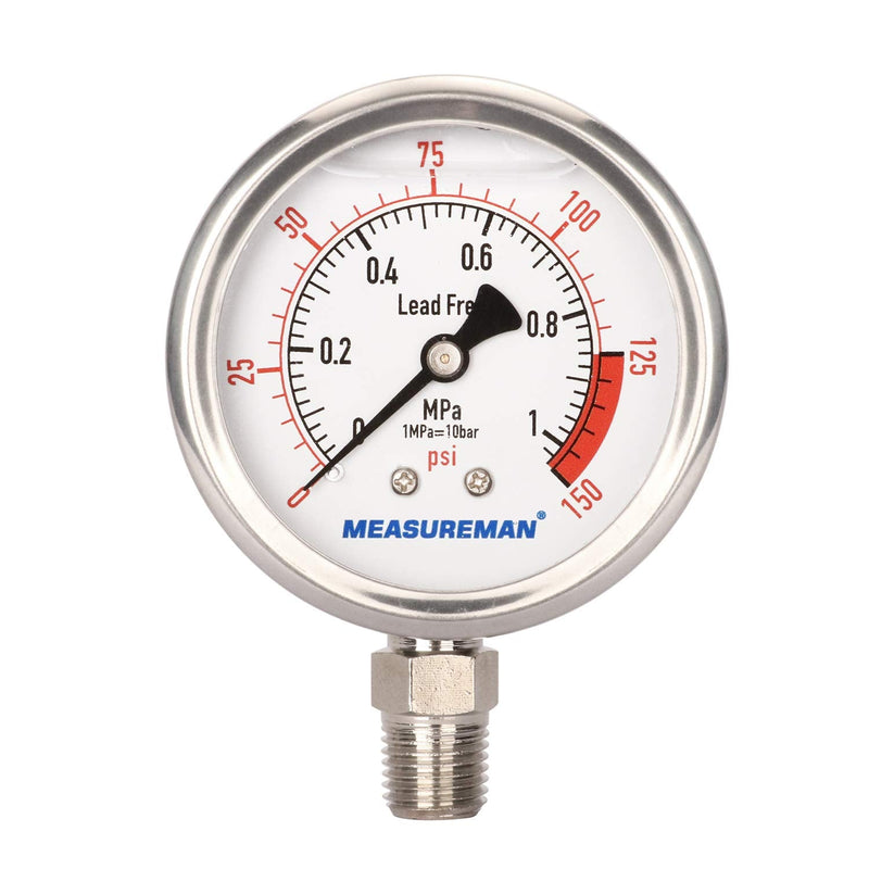 [Australia - AusPower] - MEASUREMAN Lead-Free Glycerin Filled Reverse Osmosis Pressure Gauge, 2-1/2" Dial Size, 1/4"NPT Lower Mount, 0-150psi/Mpa 0-150 psi 