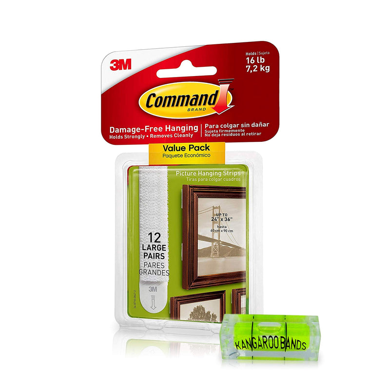 [Australia - AusPower] - Command Picture Hanging Kit| 3m Damage-Free Strips & Leveler| 12-Pair | Perfect for Hanging Small & Large Frames, Photos, Pictures, Posters on Walls/ Drywalls | No Nail/ Hook Damage (12) 