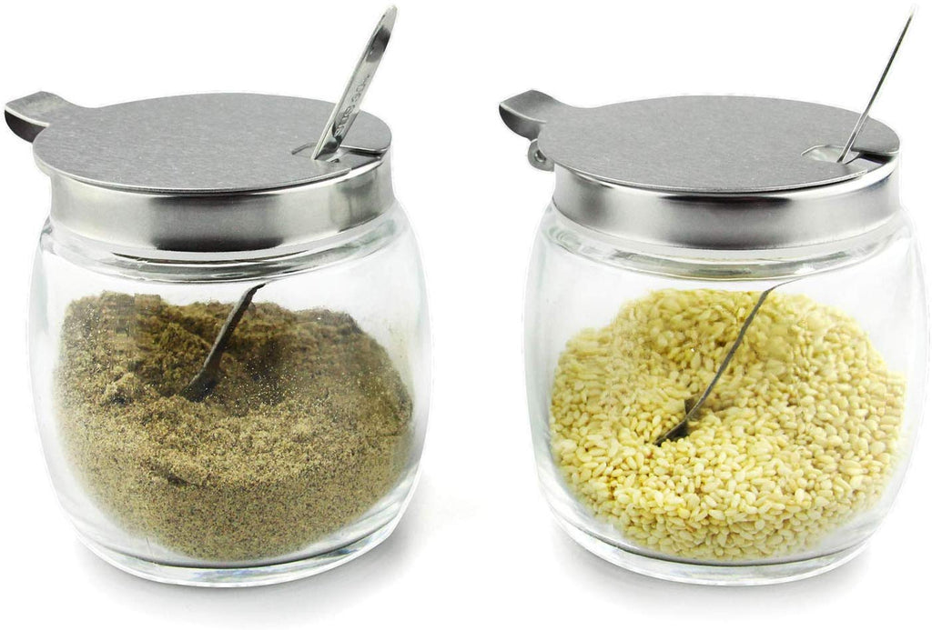 [Australia - AusPower] - 2 Pcs Round Glass Spice Jar,capacity Transparent Container,2 Seasoning Spoons,stainless Steel Lid,salt And Pepper Shakers 