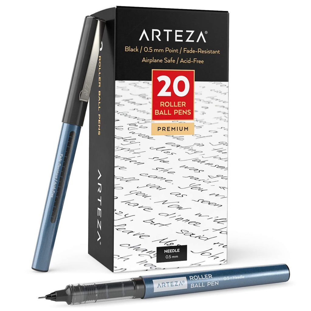 [Australia - AusPower] - Arteza Rollerball Pens Fine Point, Set of 20 Black Liquid Ink, Extra Fine 0.5 mm Needle Tip Pen, Make Precise Lines, Office Supplies for Writing, Notetaking, and Drawing 20 pack - 0.5 mm 