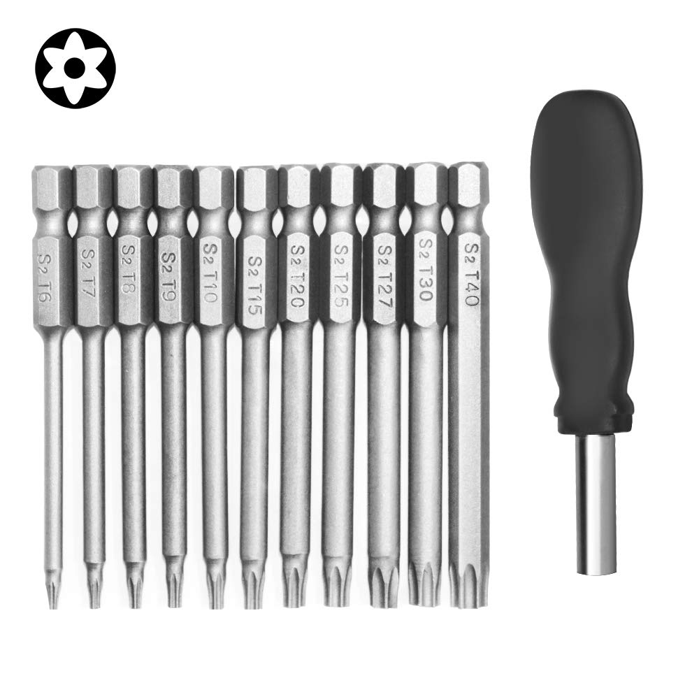 [Australia - AusPower] - 11 Pack Torx Head Screwdriver Bit Set,DanziX 1/4 inch Hex Shank T6-T40 S2 Steel 3 Inch Long Security Tamper Proof Screwdriver Drill Tool Kit with 1 Manual Handle 11Pack （T6-T40)*3Inch Length 