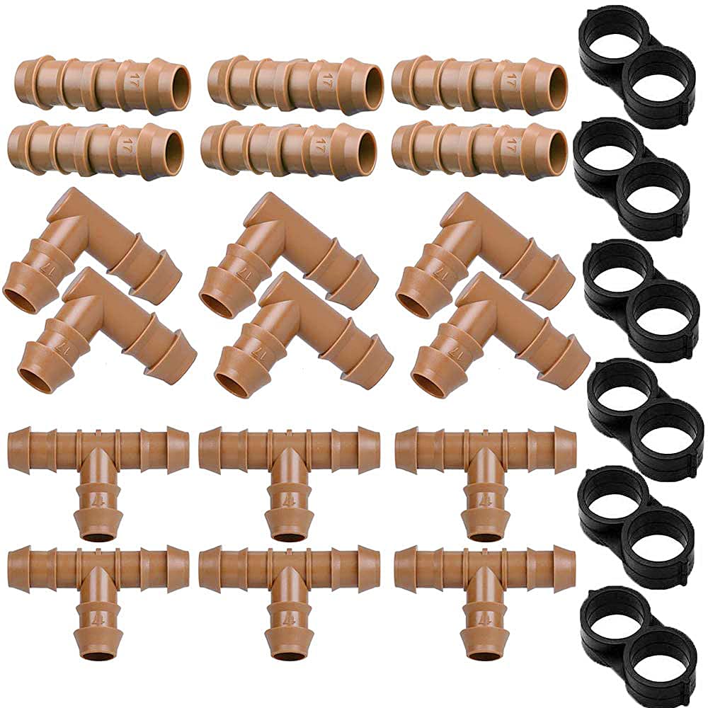 [Australia - AusPower] - JAYEE 24P Drip Irrigation Fittings Kit for 1/2" Tubing (.600 ID), 17mm Parts- 6 Tees, 6 Couplings, 6 Elbows,6 End Cap Plugs- Barded Connectors for Rain Bird Pipe and Sprinkler Systems (24 Pieces Set) 