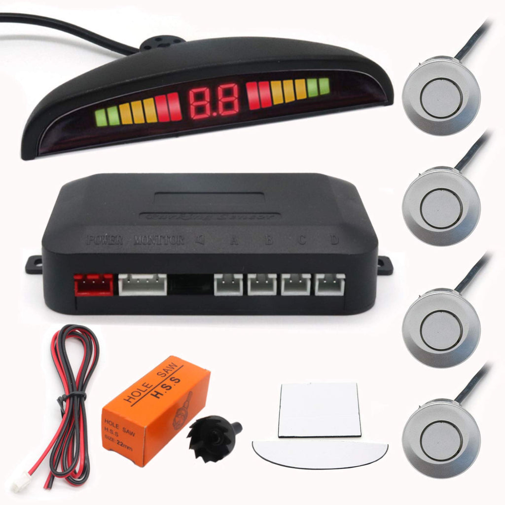 [Australia - AusPower] - Car Auto Vehicle Visual Reverse Backup Radar System with 4 Parking Sensors LED Distance Detection Display Info Video Output Beep Sound Warning (Silver Color) Silver 