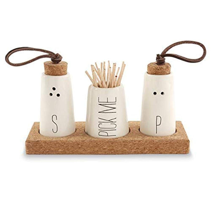 [Australia - AusPower] - Mud Pie, Off-White Salt, Pepper & Toothpick Holder, Size: tray 2" x 6" | shakers 2 3/4" x 1 1/2" dia 