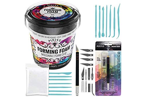 [Australia - AusPower] - Foam Clay Sculpting Foam for Cosplay (300 Gram Black), 14 Sculpting Tools, Craft Knife with Extra Blades and Sculpting Points, Soft Air Dry Moldable Sculpting Cosplay Materials 