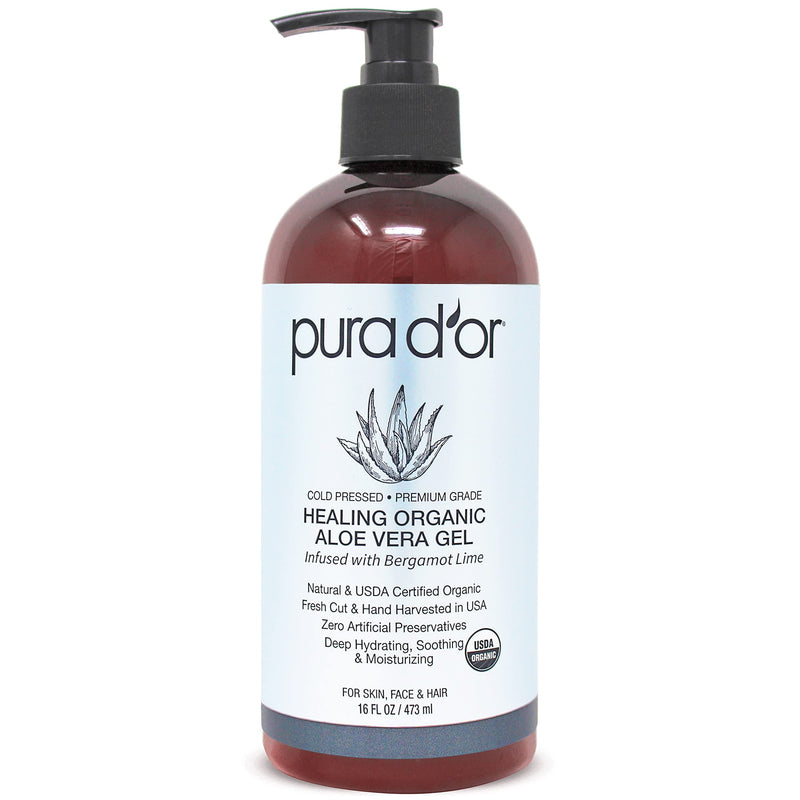 [Australia - AusPower] - PURA D'OR Organic Aloe Vera Gel Bergamot Lime (16oz) All Natural - ZERO Artificial Preservatives - Deeply Hydrating & Moisturizing - Sunburn, Bug Bites, Rashes, Small Cuts, Eczema Relief - Skin & Hair 