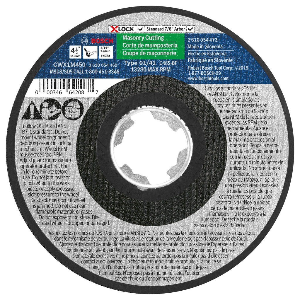 [Australia - AusPower] - BOSCH CWX1M450 4-1/2 In. x 1/16 In. X-LOCK Arbor Type 1A (ISO 41) 24 Grit Masonry Cutting Abrasive Wheel 4-1/2" Type 1A Masonry 