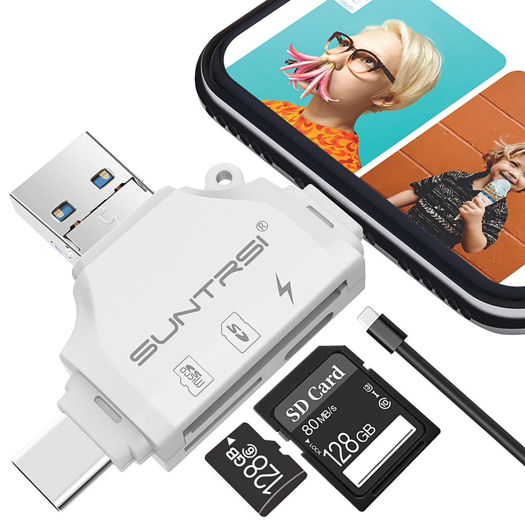 [Australia - AusPower] - SD/Micro SD Card Reader for iPhone/ipad/Android/Mac/Computer/Camera,Portable Memory Card Reader 4 in 1 Micro SD Card Adapter&Trail Camera Viewer Compatible with TF and SD Card white 