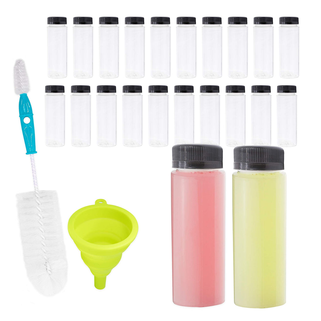 [Australia - AusPower] - Empty PET Plastic Juice Bottles - Pack of 20 Round Reusable Clear Disposable Milk Bulk Containers with Funnel and Brush and Tamper Evident Caps (Black, 4 oz) Black 