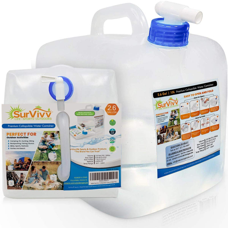 [Australia - AusPower] - SurVivv Collapsible Water Container with Spigot, BPA Free, Food Safe Camping Water Storage Cube Jug for Outdoor Hiking Hurricane & Emergency Survival Kit, Portable Foldable Canteen (2.6 / 5.3 Gal) (2.6Gal/10L -- 1-pack) 