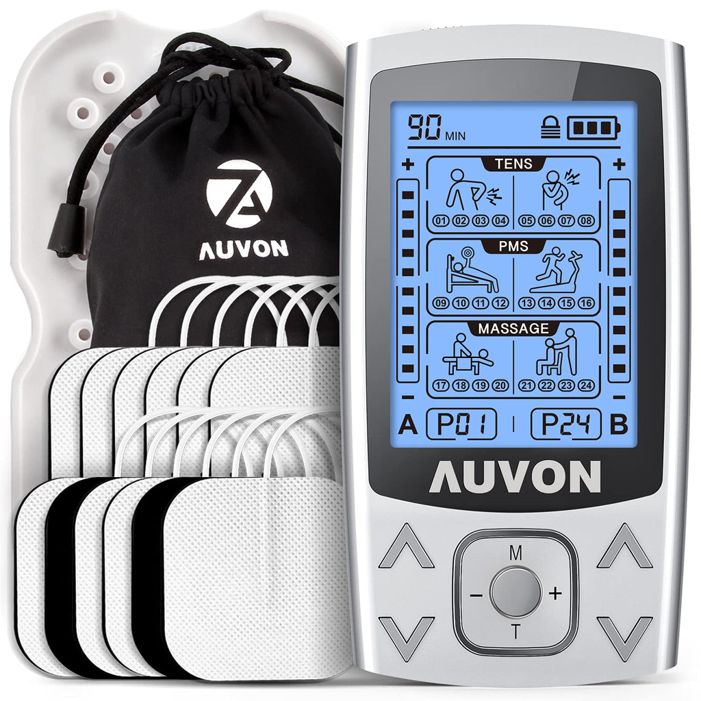 [Australia - AusPower] - AUVON Dual Channel TENS EMS Unit 24 Modes Muscle Stimulator for Pain Relief, Rechargeable TENS Machine Massager with 12 Pads, ABS Pads Holder, USB Cable and Dust-Proof Storage Bag A Sliver 