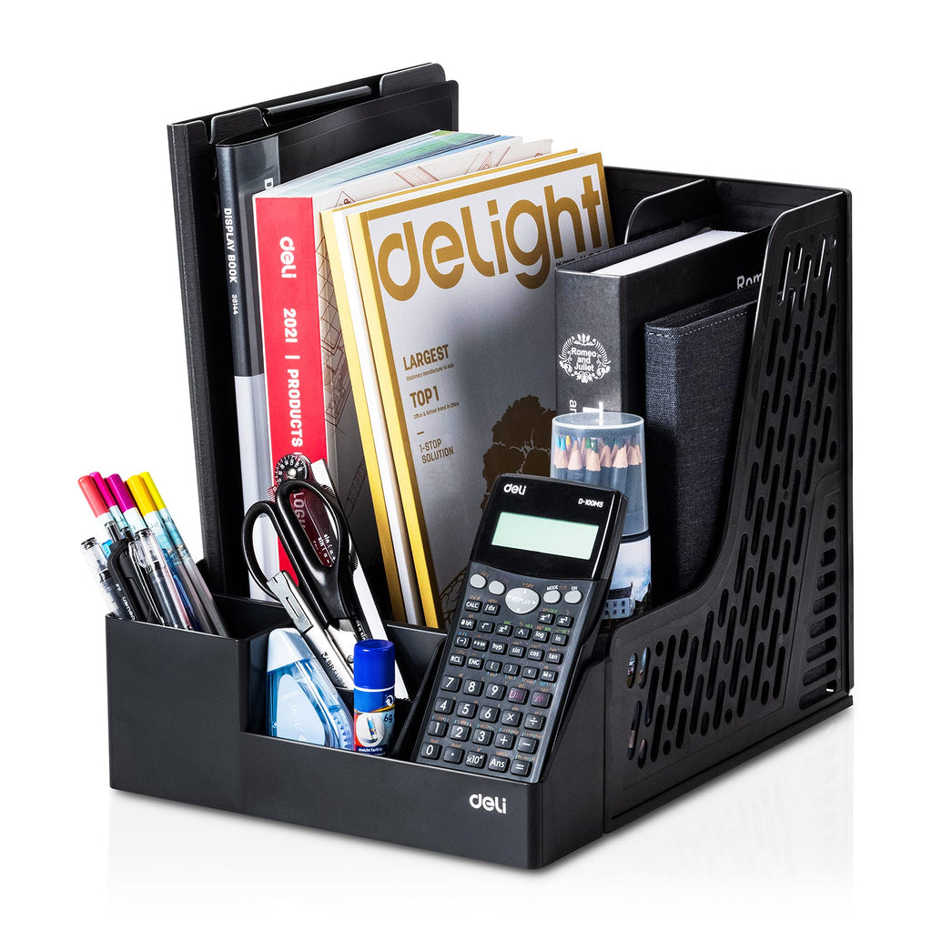 [Australia - AusPower] - Deli Magazine File Book Holder Desktop Organizer Vertical Document Folder with Pencil Holder and Storage Basket for Desk Accessories, 3 Compartments, Black A - Black - With Storage Basket 