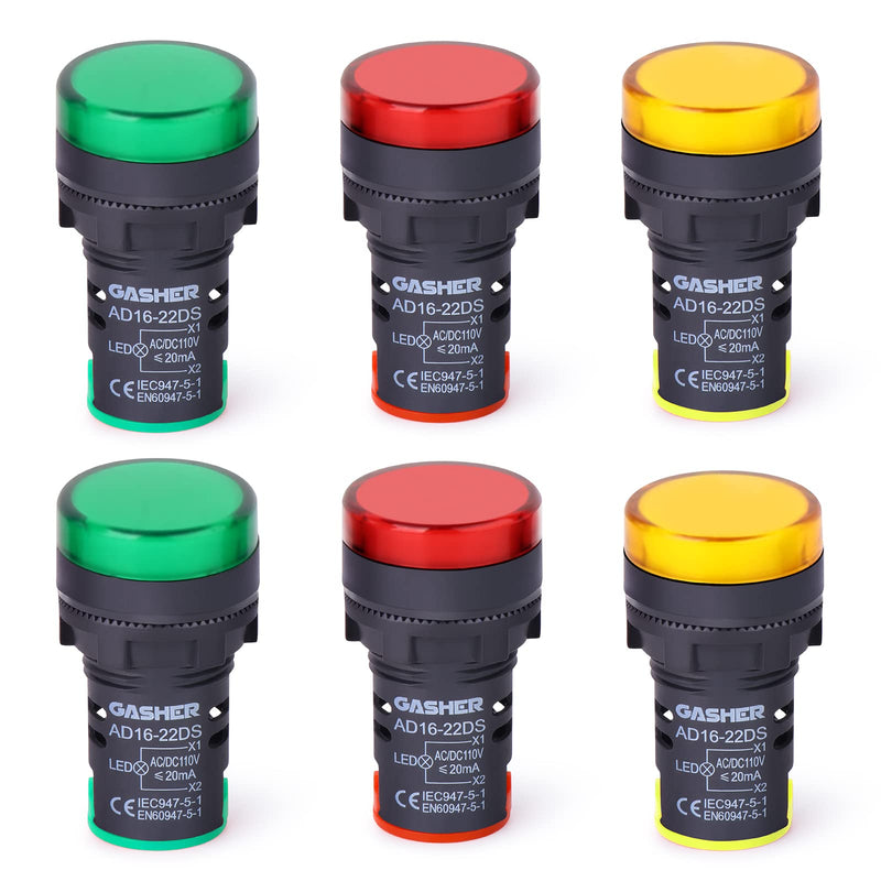 [Australia - AusPower] - GASHER 12V/24V/110V 20mA Energy Saving Indicator Light Mounting Hole Size 22mm (7/8 Inch) Red Green Yellow 6 Pcs 24V 