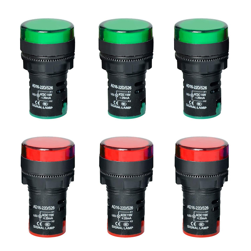 [Australia - AusPower] - GASHER 12V/24V/110V 20mA Energy Saving Indicator Light Mounting Hole Size 22mm (7/8 Inch) Red Green 6 Pcs 110V 6PCS 