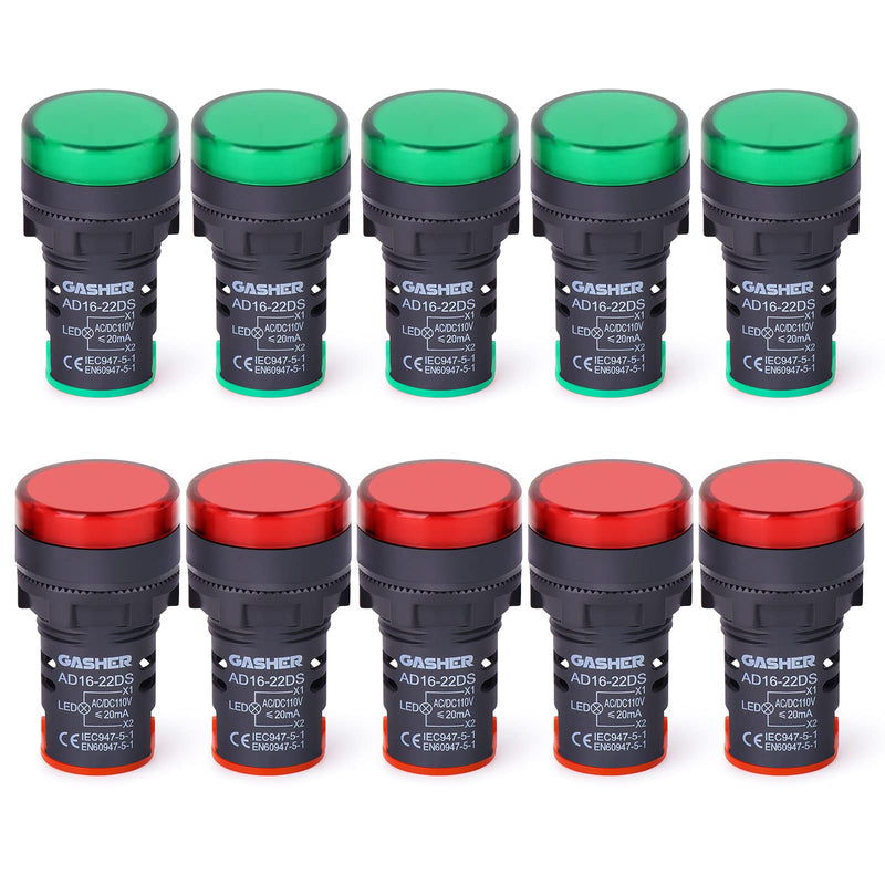 [Australia - AusPower] - GASHER 12V/24V/110V 20mA Energy Saving Indicator Light Mounting Hole Size 22mm (7/8 Inch) Red Green 10 Pcs 110V 10PCS 