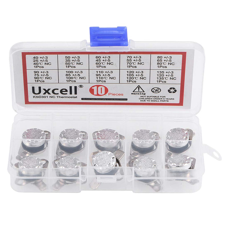[Australia - AusPower] - uxcell 10pcs NC KSD301 Thermostat 40-135°C(104-275°F) Temperature Thermal Control Switch 40 50 60 70 80 90 100 110 120 135°C Normally Close Assortment Kit 