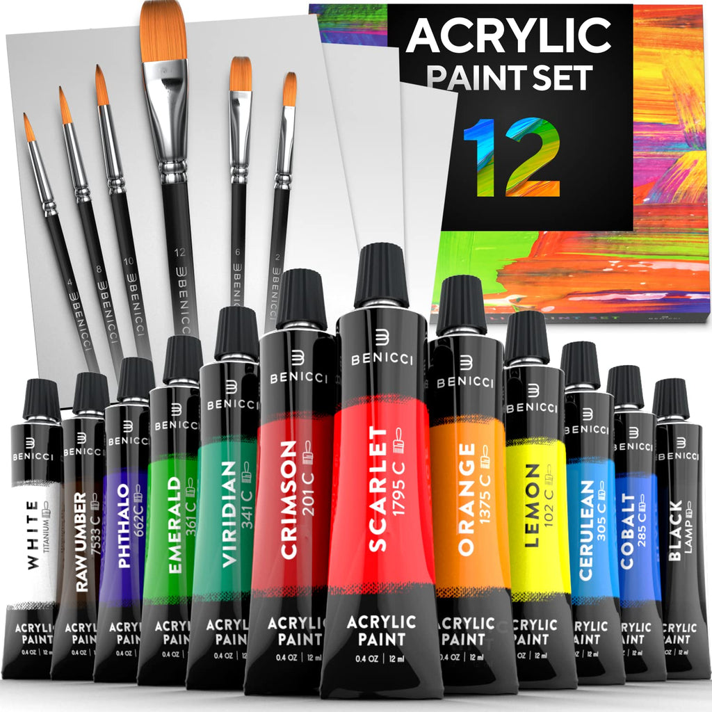 [Australia - AusPower] - Acrylic Paint Set for Kids, Artists and Adults - 12 Vibrant Colors, 6 Brushes and 3 Paint Canvases - Perfect for Beginners or Professionals 