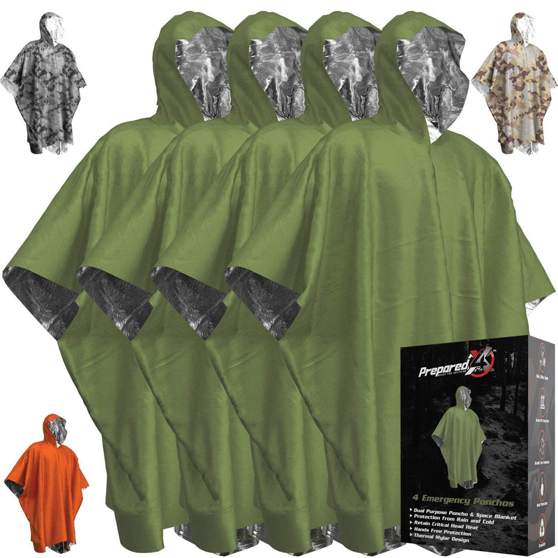 [Australia - AusPower] - Emergency Blankets & Rain Poncho Hybrid Survival Gear and Equipment – Tough, Waterproof Camping Gear Outdoor Blanket – Retains 90% of Heat + Reflective Side for Increased Visibility – 4 Pack (Green) 