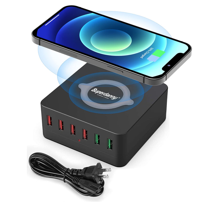 [Australia - AusPower] - USB Fast Charger with Wireless Charging Station, SUPERDANNY Multiple USB Charging Hub with 72W 6 Smart USB Ports, Dual Quick Charger 3.0 QC 3.0 Fast Charger Pad for iPhone iPad Home Office, Black 
