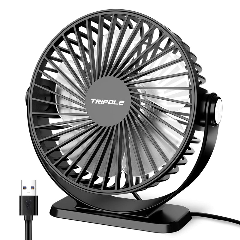 [Australia - AusPower] - TriPole Small Desk Fan USB Powered Portable Fan 3 Speeds Strong Airflow Mini Fan 360°Rotation Personal Fan 5.1 Inch Table Fan for Home Office Bedroom Desktop, Black, 4.9ft Cable 