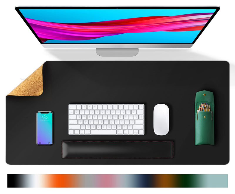 [Australia - AusPower] - Aothia Office Desk Pad, Natural Cork & PU Leather Dual Side Large Mouse Pad, Laptop Desk Table Protector Writing Mat Easy Clean Waterproof for Office Work/Home/Decor (Black,23.6"x13.7") 23.6"x13.7" Black 