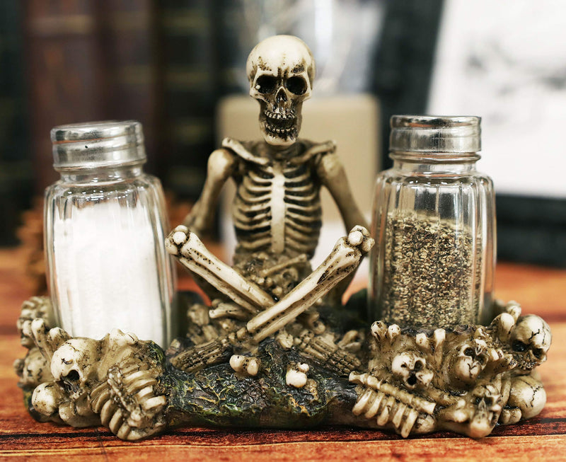 [Australia - AusPower] - Ebros Gothic Day Of The Dead Graveyard Garnish Meditating Skeleton Seated On Graveyard Of Bones And Skulls Salt & Pepper Shakers Holder Figurine Set 6.5" Wide Fantasy Kitchen Decor Statue 