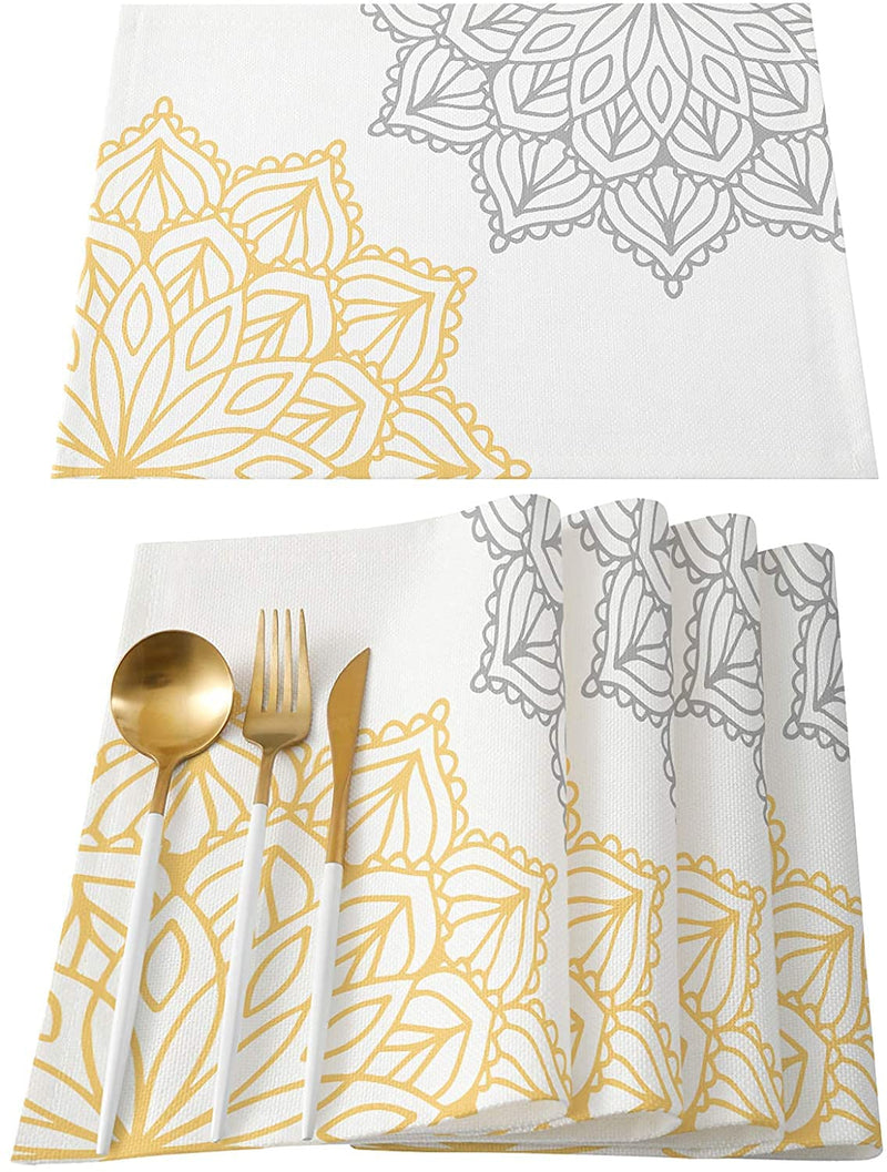 [Australia - AusPower] - Elegant Dahlia Flowers Yellow Grey Placemats Set of 6, Cotton Linen Heat Resistant Table Mats Non-Slip Washable Placemat for Holiday Banquet Dining Kitchen Table Decor Floral-095ase6657 