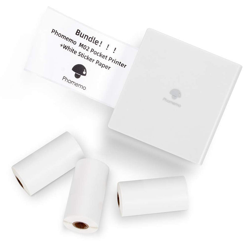 [Australia - AusPower] - Phomemo M02 Pocket Printer- Mini Bluetooth Thermal Printer with 3 Rolls White Sticker Paper, Compatible with iOS + Android for Learning Assistance, Study Notes, Journal, Fun, Work，White 