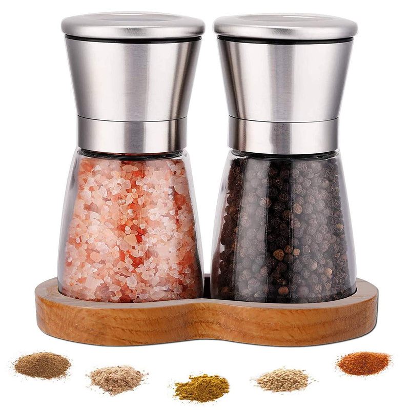 [Australia - AusPower] - LessMo Salt and Pepper Grinder Set with Wooden Standing Tray, Refillable Pepper Mill Set - Brushed Stainless Steel - Short Glass Shakers with Adjustable Coarseness for Peppercorn, Salt or Spice Mill DI 