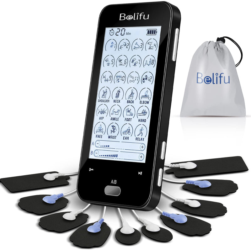 [Australia - AusPower] - Belifu Dual Channel Tens Unit Electro Muscle Stimulator, Fully Isolated with Independent 24 Modes, Rechargeable Pulse Massager with Electrodes Pads for Neck Back Arms Chronic Pain Relief Body Building 