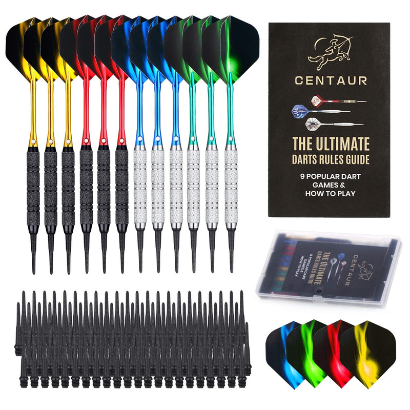 [Australia - AusPower] - centaur 12 Pack Soft Tip Darts, Professional 18 Gram Plastic Tip Dart Sets with 4 Colors Premium Aluminum Shafts 100 Dart Tips 16 Dart Flights and Dart Case for Electronic Dart Board, Silver & Black 