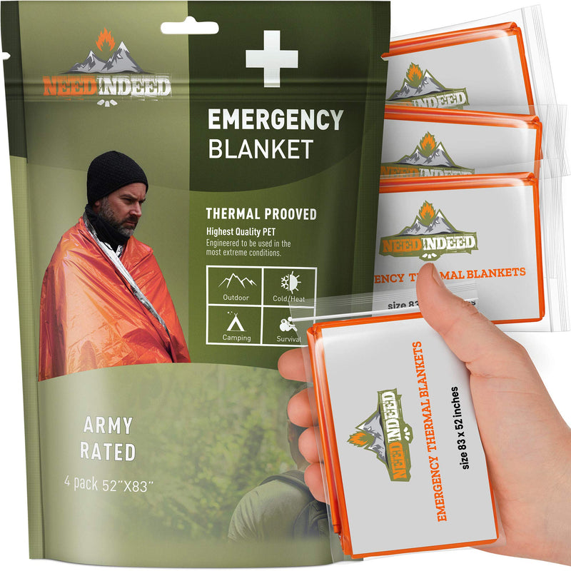 [Australia - AusPower] - Emergency Blankets (4-Pack) – Mylar Survival Space Blankets Preserve up to 90% of Body Heat - emergency thermal blanket, Multipurpose, Durable Solar Foil Blanket Bundle by NeedIndeed, 83"x52" In. 