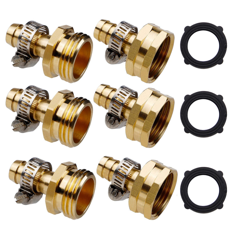 [Australia - AusPower] - Twinkle Star Heavy Duty Brass 1/2" Garden Hose Mender End Repair Connector with Stainless Clamps, Male and Female Garden Hose Fittings, 3 Sets 