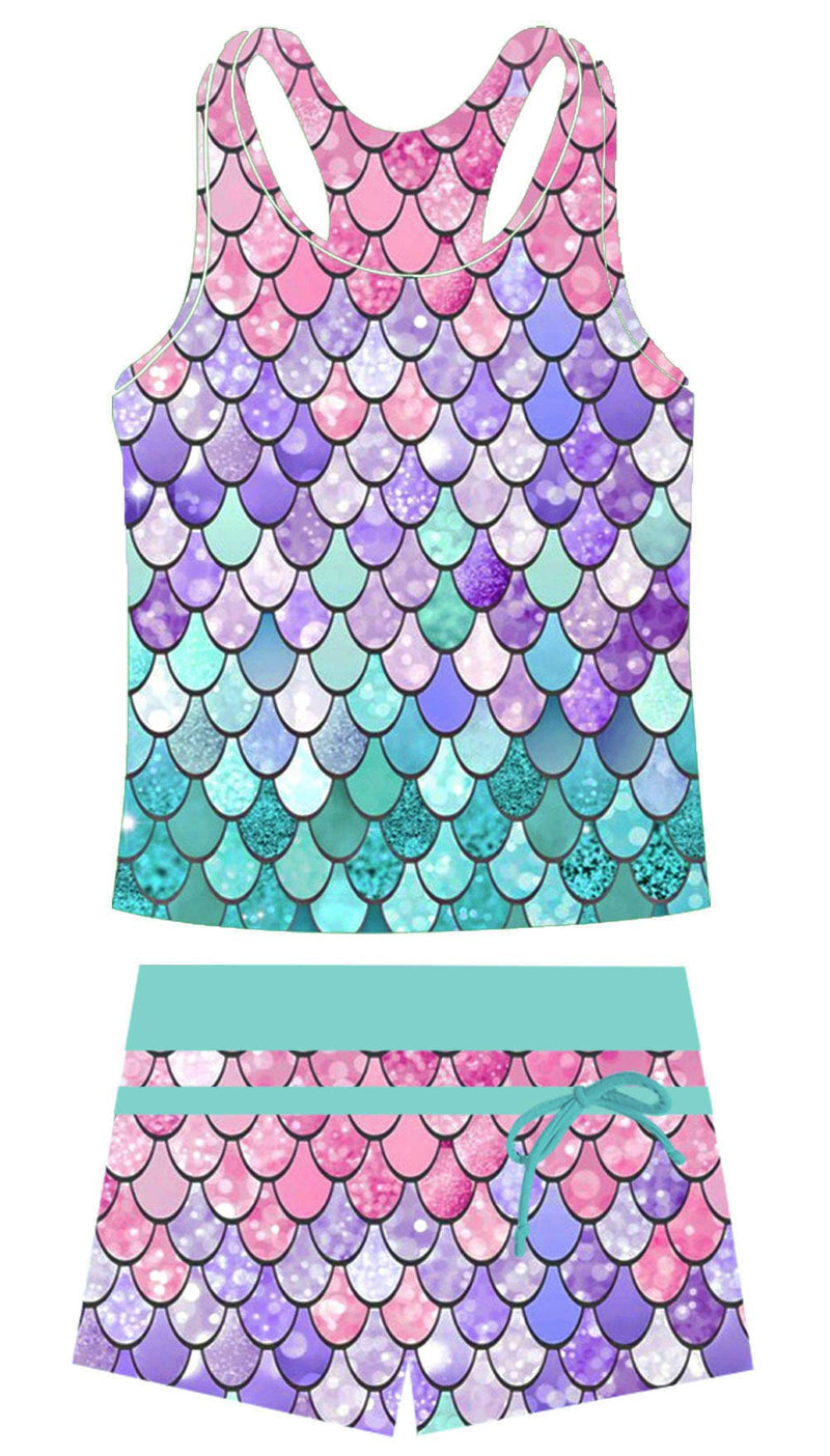 [Australia - AusPower] - Belovecol Girls Swimsuits Two Piece Tankini Bathing Suits Boyshort Summer Beach Rash Guard Swimwear for 4-15T 6-7 Years B-mermaid Scales 