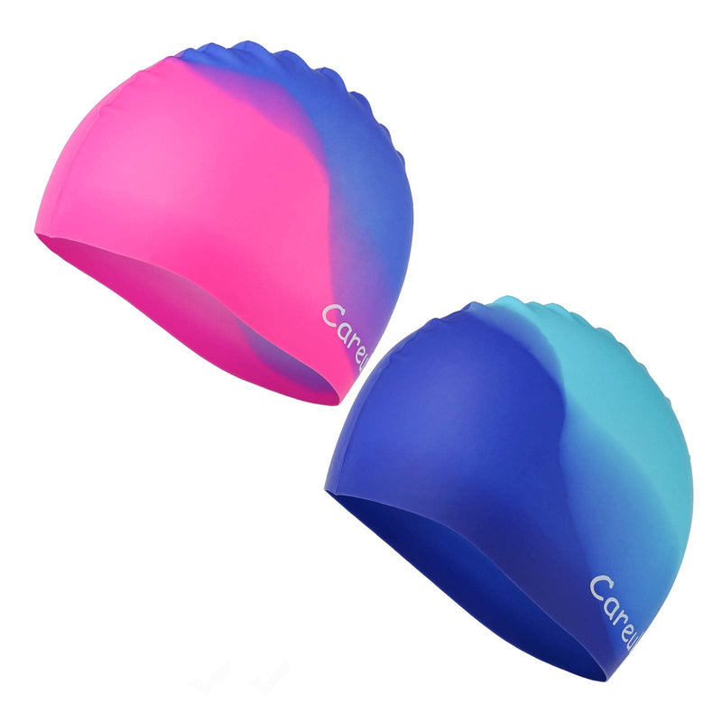 [Australia - AusPower] - Swim Cap, 2 Pack Durable Silicone Swimming Caps for Kids Girls Boys Youths (Age 2-12), Soft 3D Ergonomic Waterproof Kids Swim Caps, Comfortable Fit for Long Hair and Short Hair Aqua & Royal Blue Small(Age 2-3) 