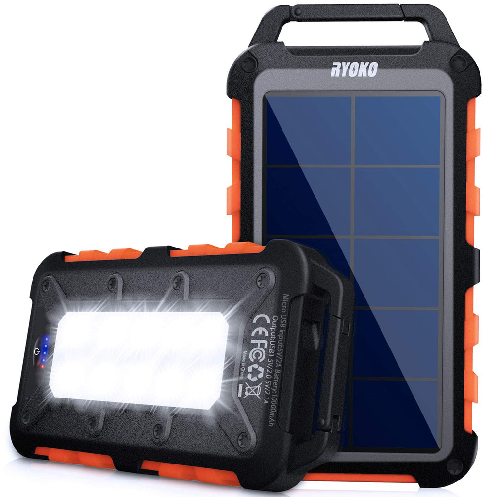 [Australia - AusPower] - Solar Power Bank, 10000mAh Portable Solar Charger Ipx4 Waterproof Phone External Battery for Hiking Camping Backpacking, Dual Fast Charger for Cell Phone, LED Source of Dark Lifesaver(Orange) Orange 
