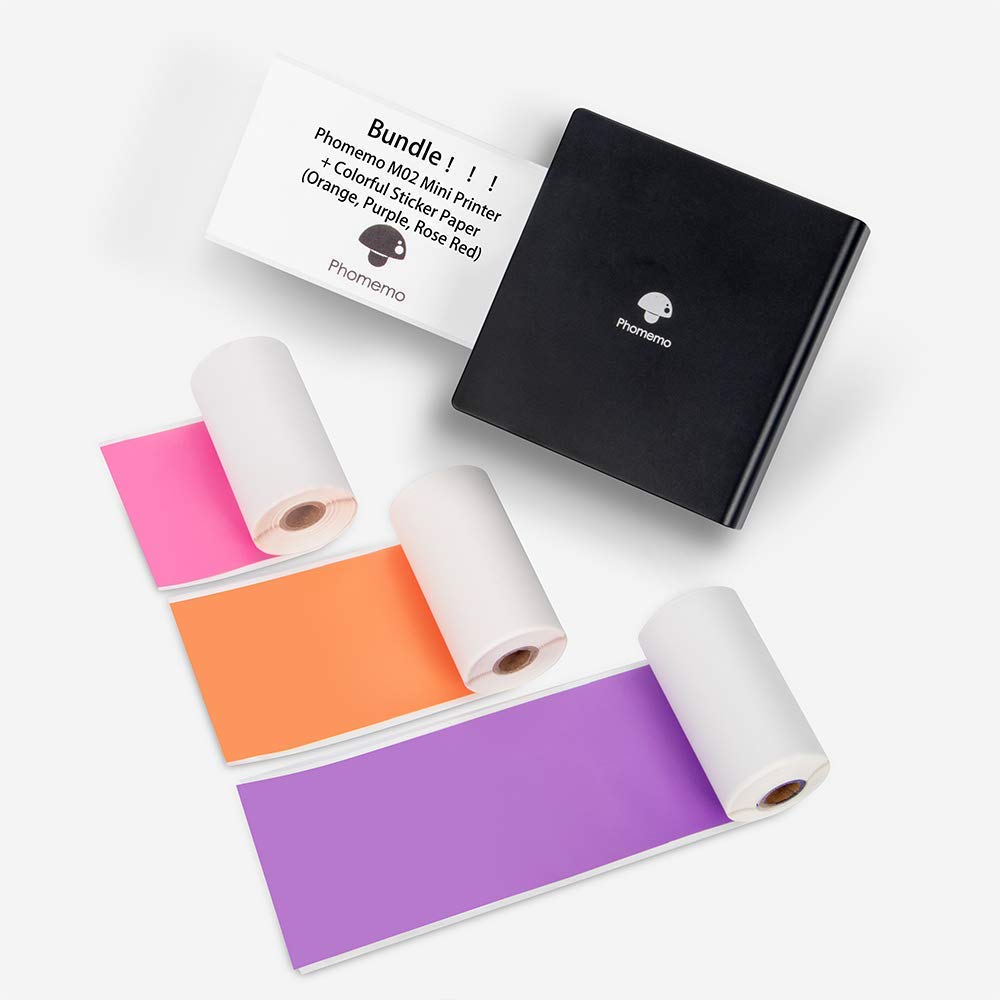 [Australia - AusPower] - Phomemo M02 Mini Printer- Bluetooth Thermal Photo Printer with 3 Rolls Colorful Sticker Paper, Compatible with iOS + Android for Plan Journal, Study Notes, Art Creation, Work, Gift 
